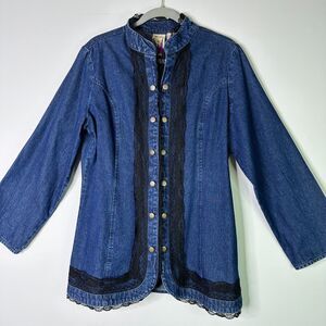 ORIGINAL ANTTHONY Jacket Womens L Dark Denim Black Lace Vintage 60s Nehru